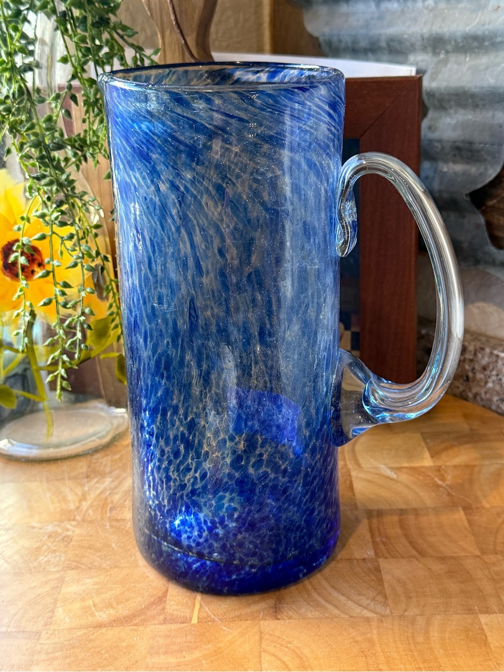 Handblown Blue Glass Pitcher - Artisan Home Art